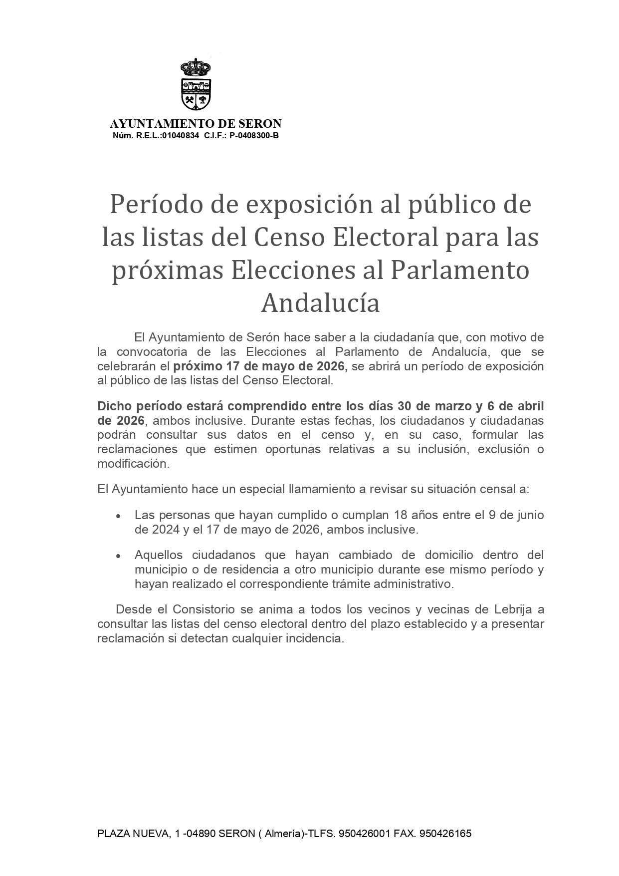 CENSO ELECTORAL ELECCIONES AL PARLAMENTO DE ANDALUCÍA